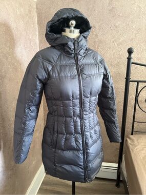 Prana Women's Hooded Long Puffer Coat in Charcoal color